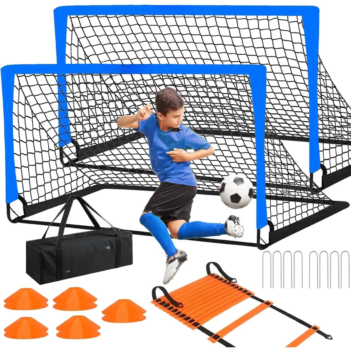 Soccer Goals for Backyard, 2 of 6 X 4 Ft Soccer Goal Set Soccer Net with 10 Soccer Cones, Agility Ladder & Carry Bag, Portable Soccer Equipment.