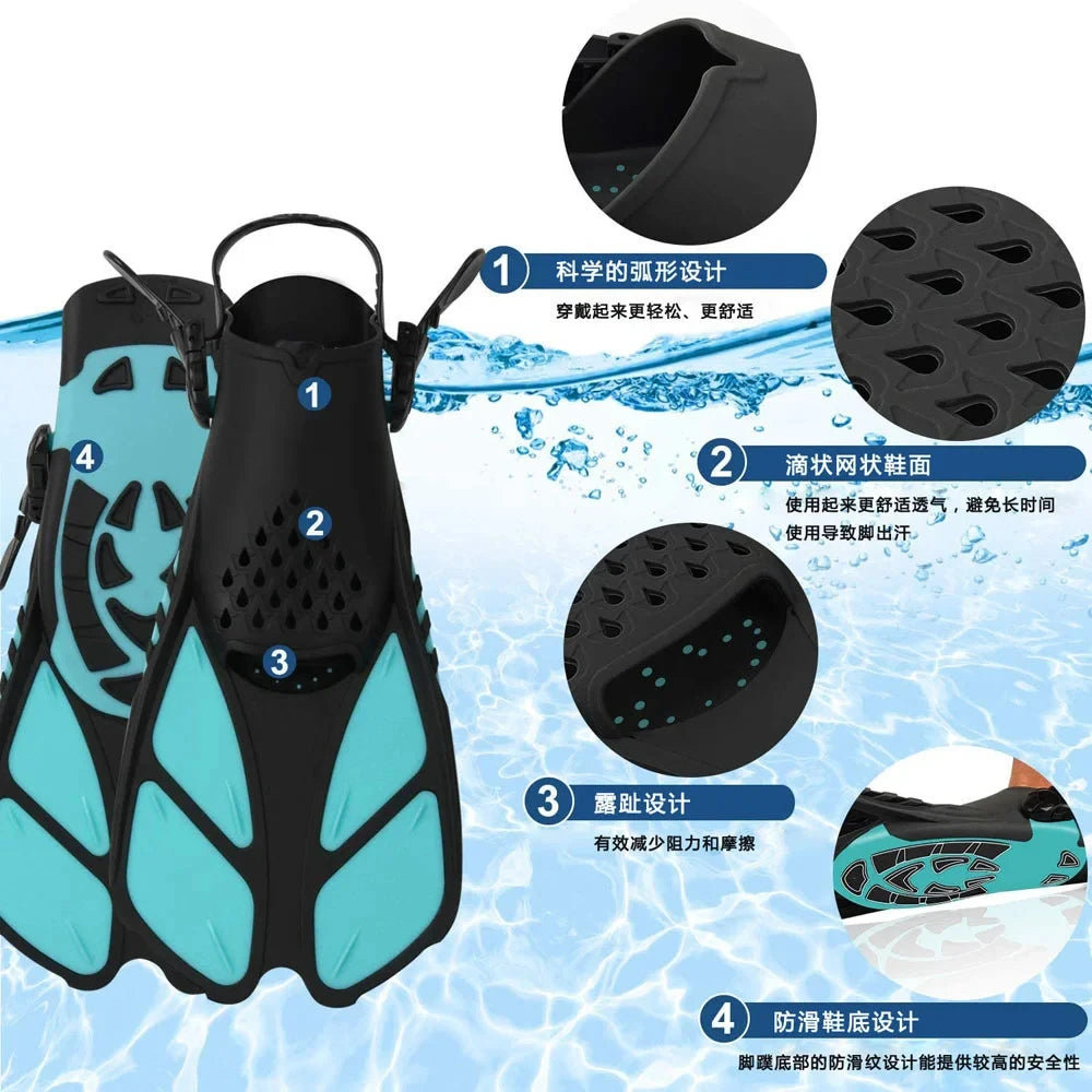 Adjustable Snorkel Fins for Adults and Teens Soft Silicone Diving Fins Comfortable Breathable Swim Fins for Snorkeling Diving