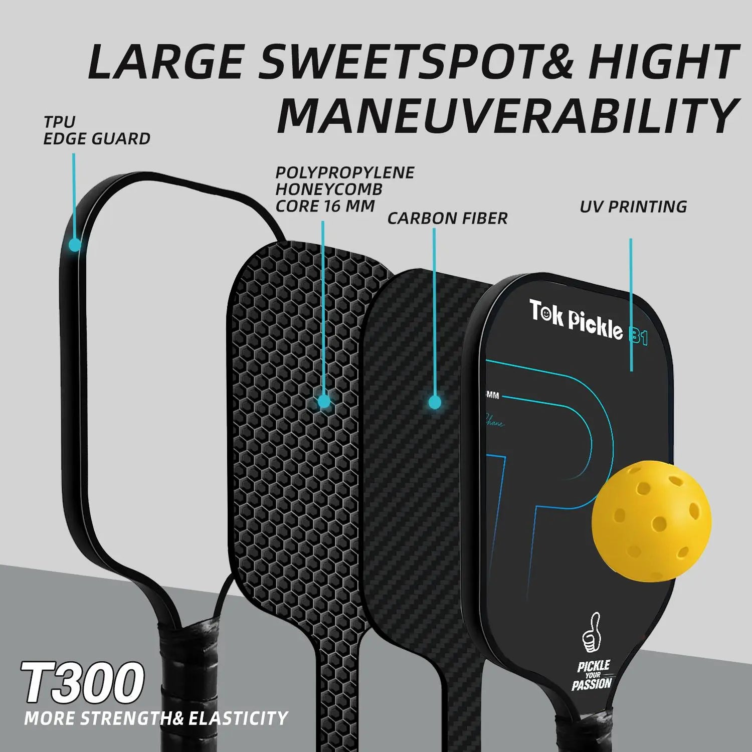 Tok Pickle T300 Carbon Fiber Pickleball Paddle Set - Includes 2 Wide Body Paddles with Large Sweet Spot, 4 Balls, and Carry Bag for Beginners and Family Players