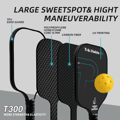 Tok Pickle T300 Carbon Fiber Pickleball Paddle Set - Includes 2 Wide Body Paddles with Large Sweet Spot, 4 Balls, and Carry Bag for Beginners and Family Players