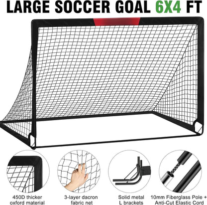 Soccer Goal, 2 of 6'X4' Soccer Goals for Backyard Set, Portable Pop up Soccer Net, Practice Soccer Equipment with Ball, Cones for ,Youth Outdoor Yard Play