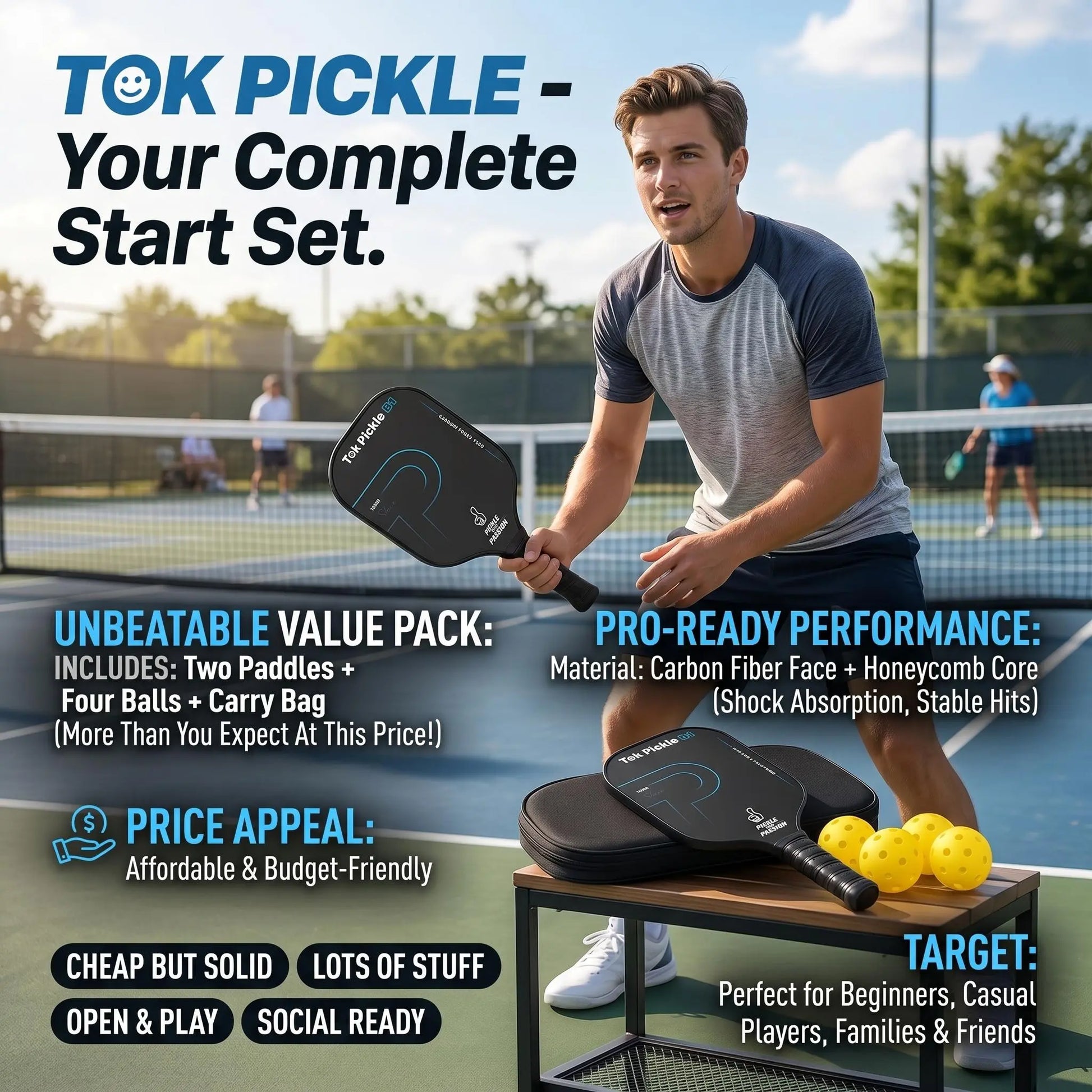 Tok Pickle T300 Carbon Fiber Pickleball Paddle Set - Includes 2 Wide Body Paddles with Large Sweet Spot, 4 Balls, and Carry Bag for Beginners and Family Players