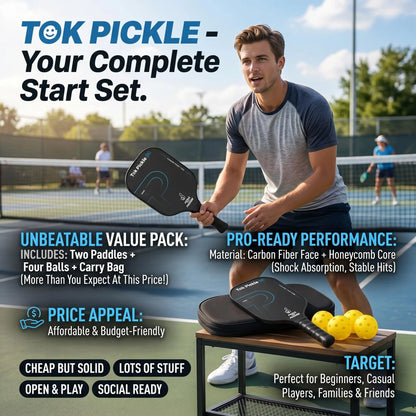 Tok Pickle T300 Carbon Fiber Pickleball Paddle Set - Includes 2 Wide Body Paddles with Large Sweet Spot, 4 Balls, and Carry Bag for Beginners and Family Players