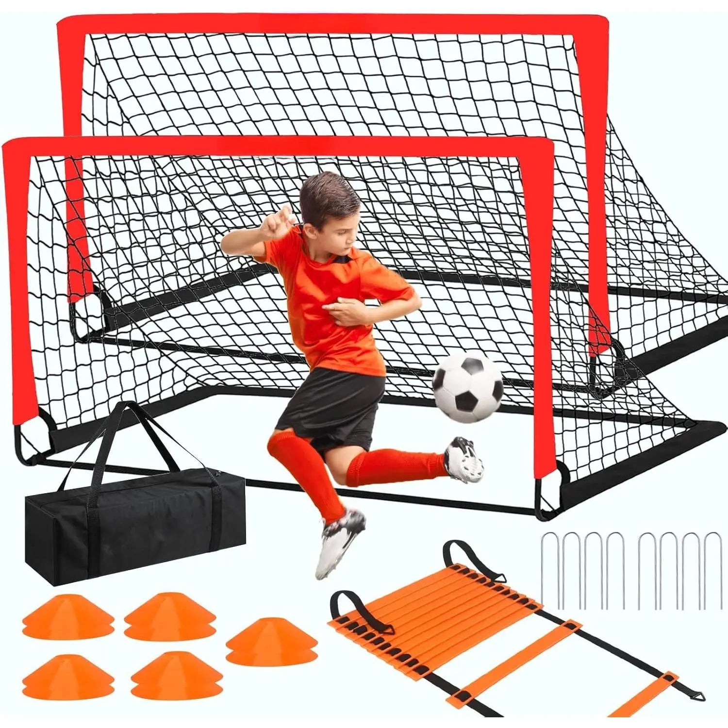 Soccer Goals for Backyard, 2 of 6 X 4 Ft Soccer Goal Set Soccer Net with 10 Soccer Cones, Agility Ladder & Carry Bag, Portable Soccer Equipment.