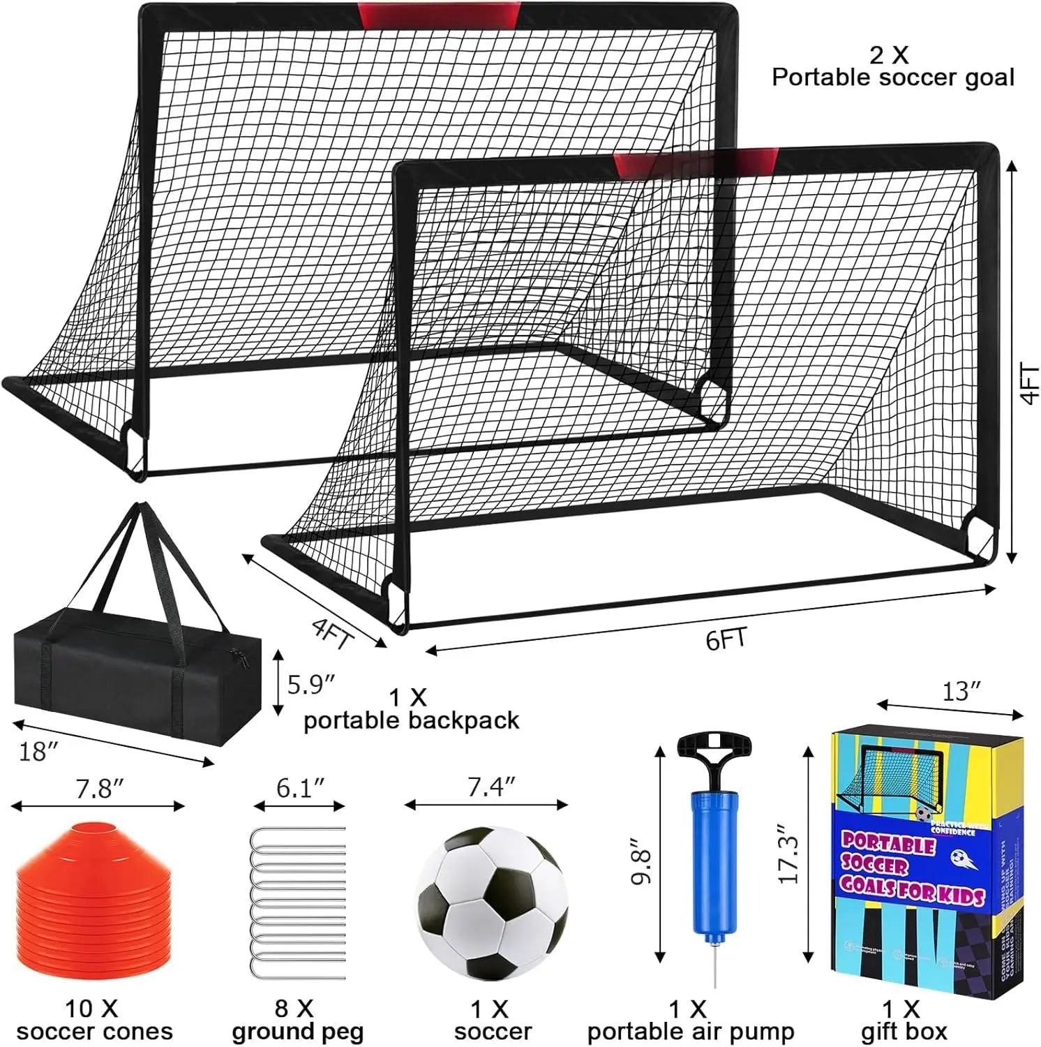 Soccer Goal, 2 of 6'X4' Soccer Goals for Backyard Set, Portable Pop up Soccer Net, Practice Soccer Equipment with Ball, Cones for ,Youth Outdoor Yard Play