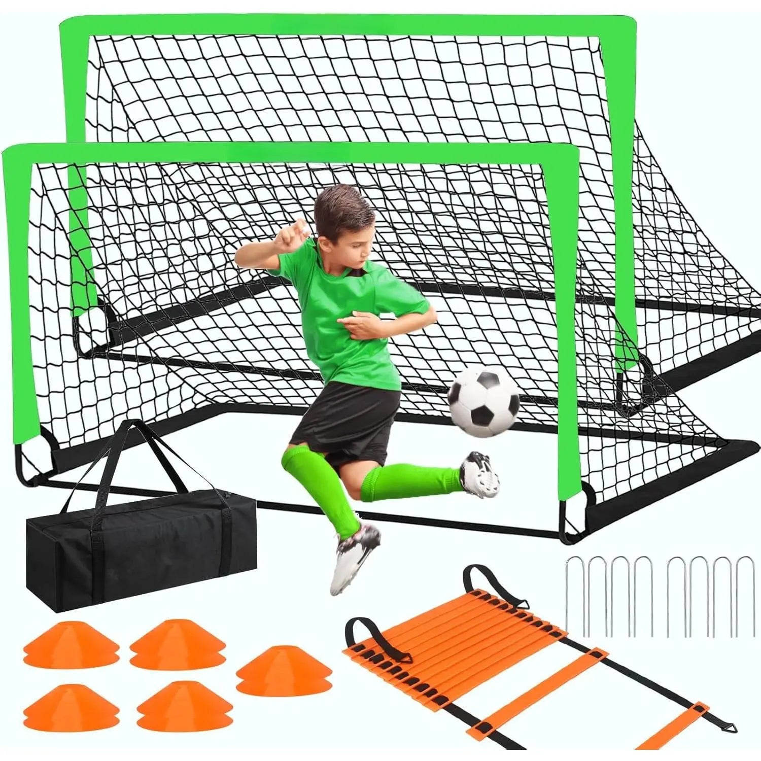 Soccer Goals for Backyard, 2 of 6 X 4 Ft Soccer Goal Set Soccer Net with 10 Soccer Cones, Agility Ladder & Carry Bag, Portable Soccer Equipment.