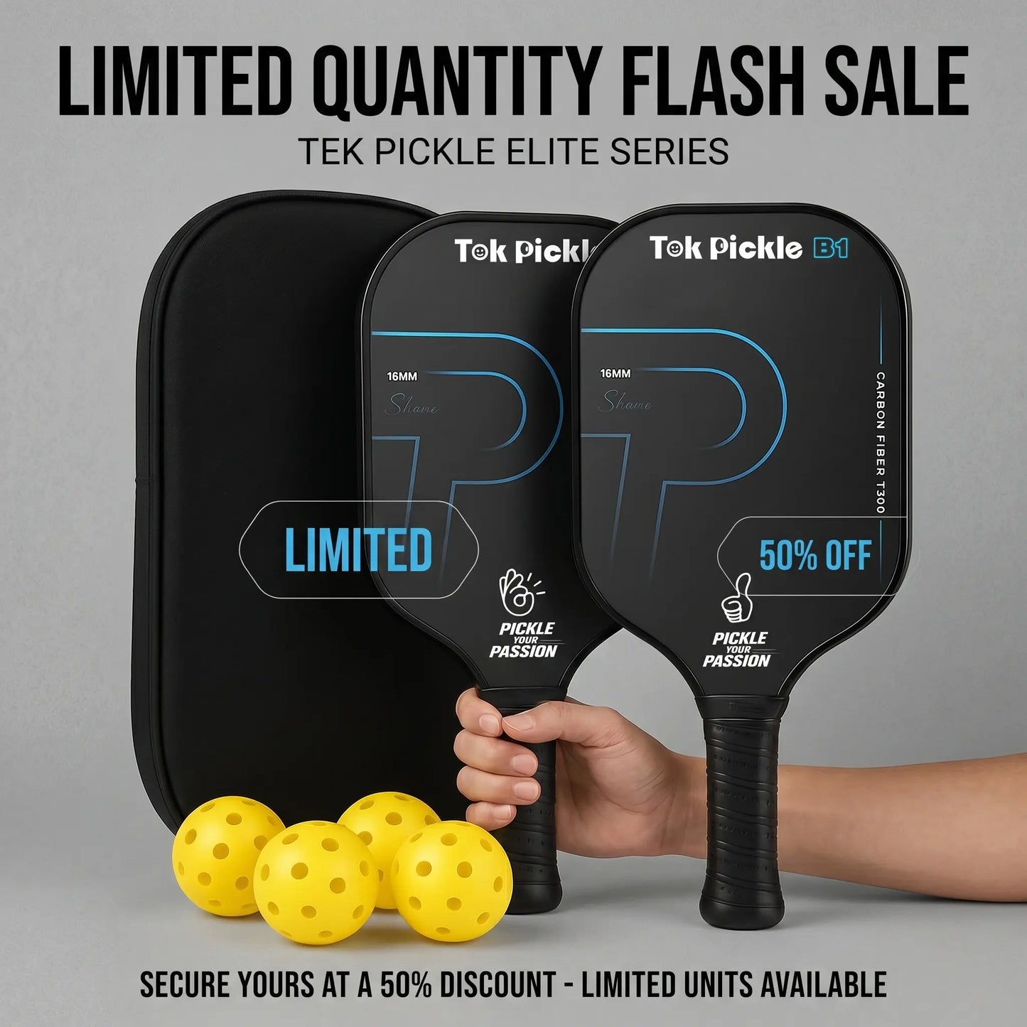 Tok Pickle T300 Carbon Fiber Pickleball Paddle Set - Includes 2 Wide Body Paddles with Large Sweet Spot, 4 Balls, and Carry Bag for Beginners and Family Players