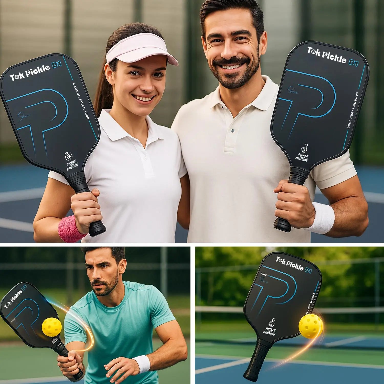 Tok Pickle T300 Carbon Fiber Pickleball Paddle Set - Includes 2 Wide Body Paddles with Large Sweet Spot, 4 Balls, and Carry Bag for Beginners and Family Players