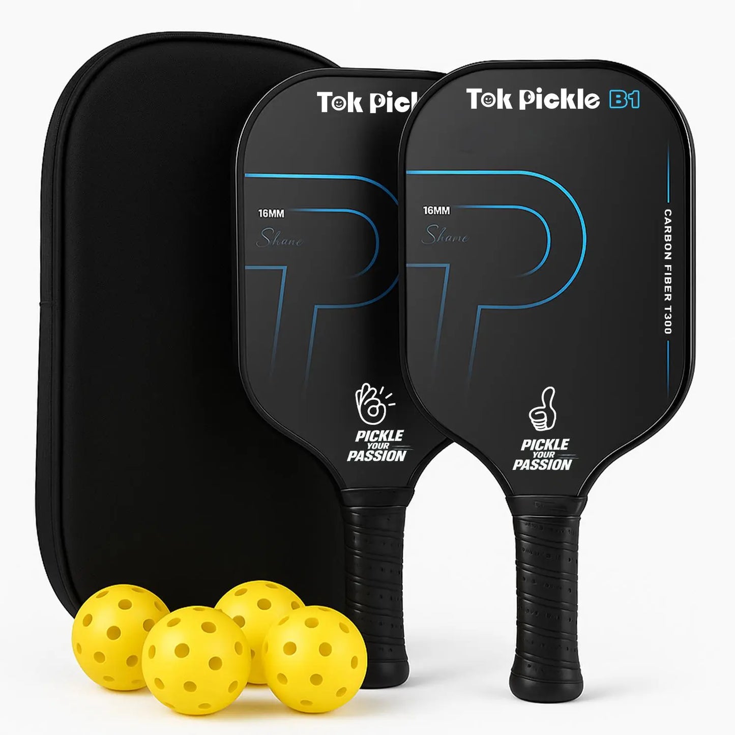 Tok Pickle T300 Carbon Fiber Pickleball Paddle Set - Includes 2 Wide Body Paddles with Large Sweet Spot, 4 Balls, and Carry Bag for Beginners and Family Players